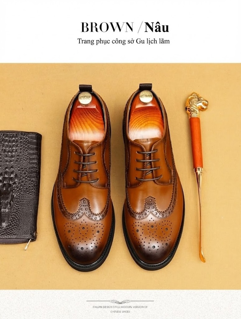 Giày Tây Brogue Nam Da Thật Chiều Cao Đế Khoảng 3.5cm Màu Đen, Nâu chi tiết 18
