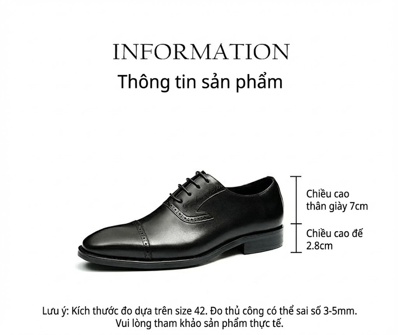 Giày Tây Brogue Nam Da Thật Chiều Cao Đế Khoảng 3cm Màu Đen, Nâu chi tiết 6