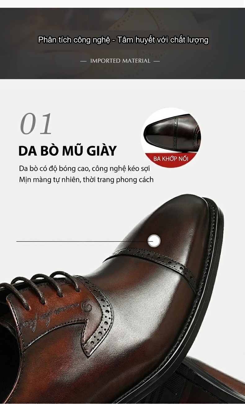 Giày Tây Brogue Nam Da Thật Chiều Cao Đế Khoảng 3cm Màu Đen, Nâu chi tiết 7