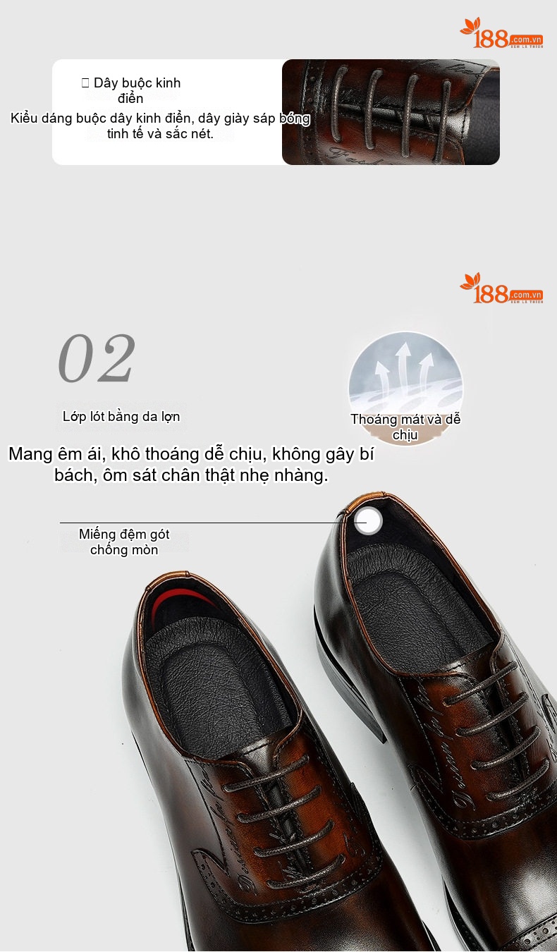Giày Tây Brogue Nam Da Thật Chiều Cao Đế Khoảng 3cm Màu Đen, Nâu chi tiết 8