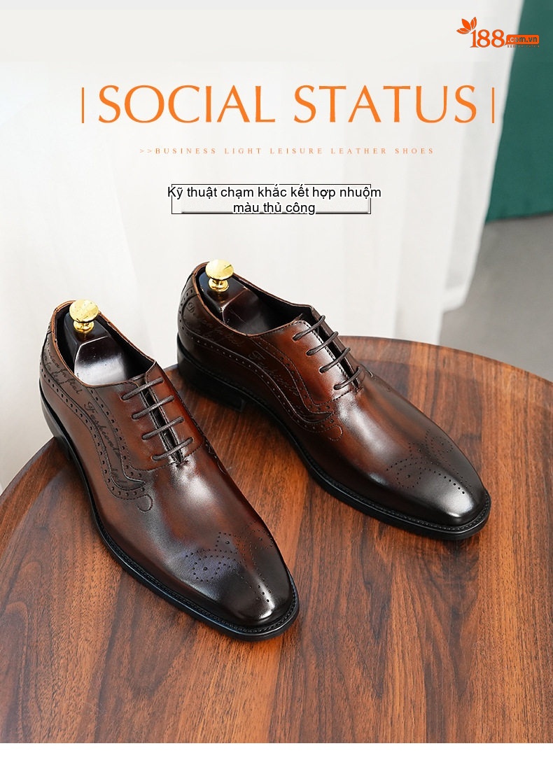 Giày Tây Brogue Nam Da Thật Oxford Buộc Dây Công Sở Chiều Cao Đế Khoảng 3cm Màu Đen, Nâu chi tiết 1
