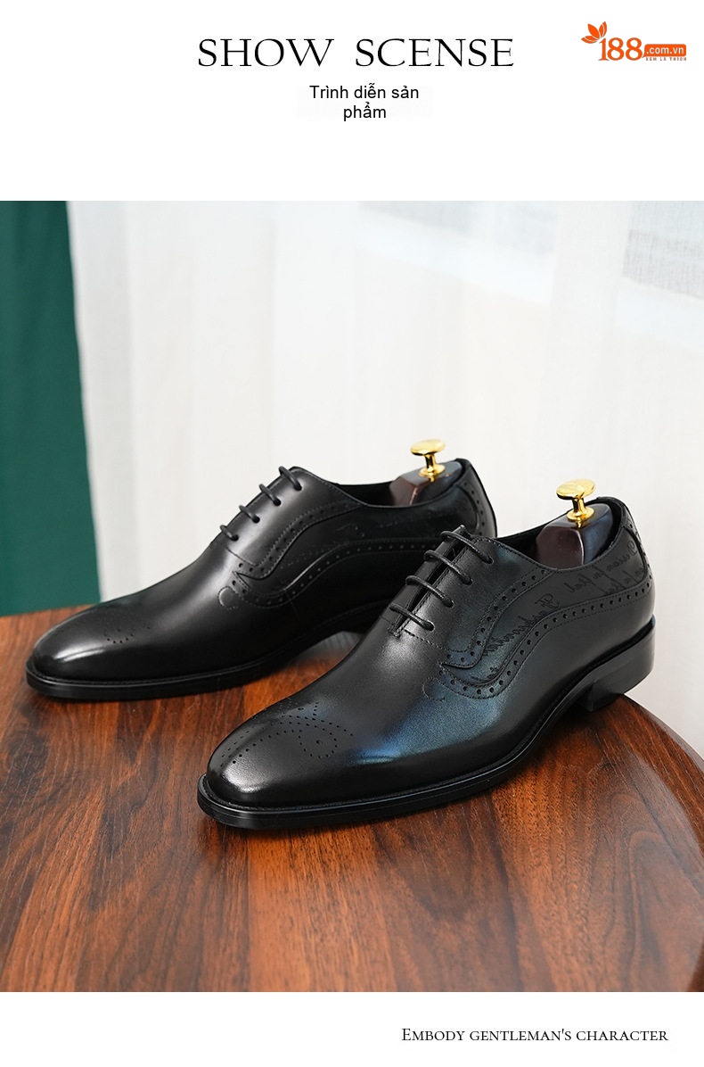 Giày Tây Brogue Nam Da Thật Oxford Buộc Dây Công Sở Chiều Cao Đế Khoảng 3cm Màu Đen, Nâu chi tiết 3