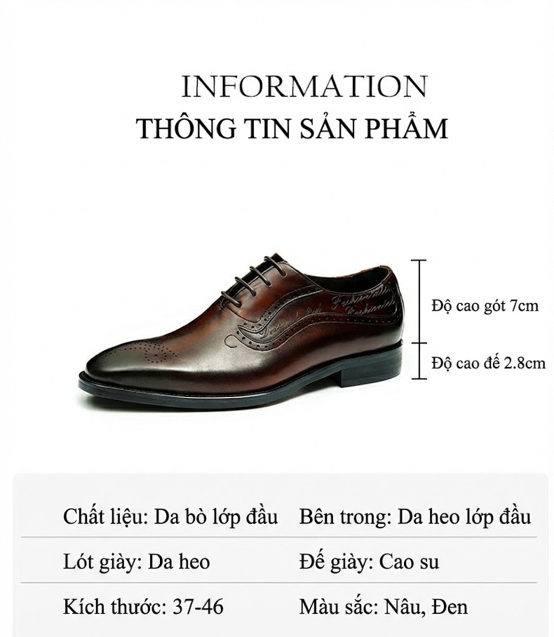 Giày Tây Brogue Nam Da Thật Oxford Buộc Dây Công Sở Chiều Cao Đế Khoảng 3cm Màu Đen, Nâu chi tiết 5