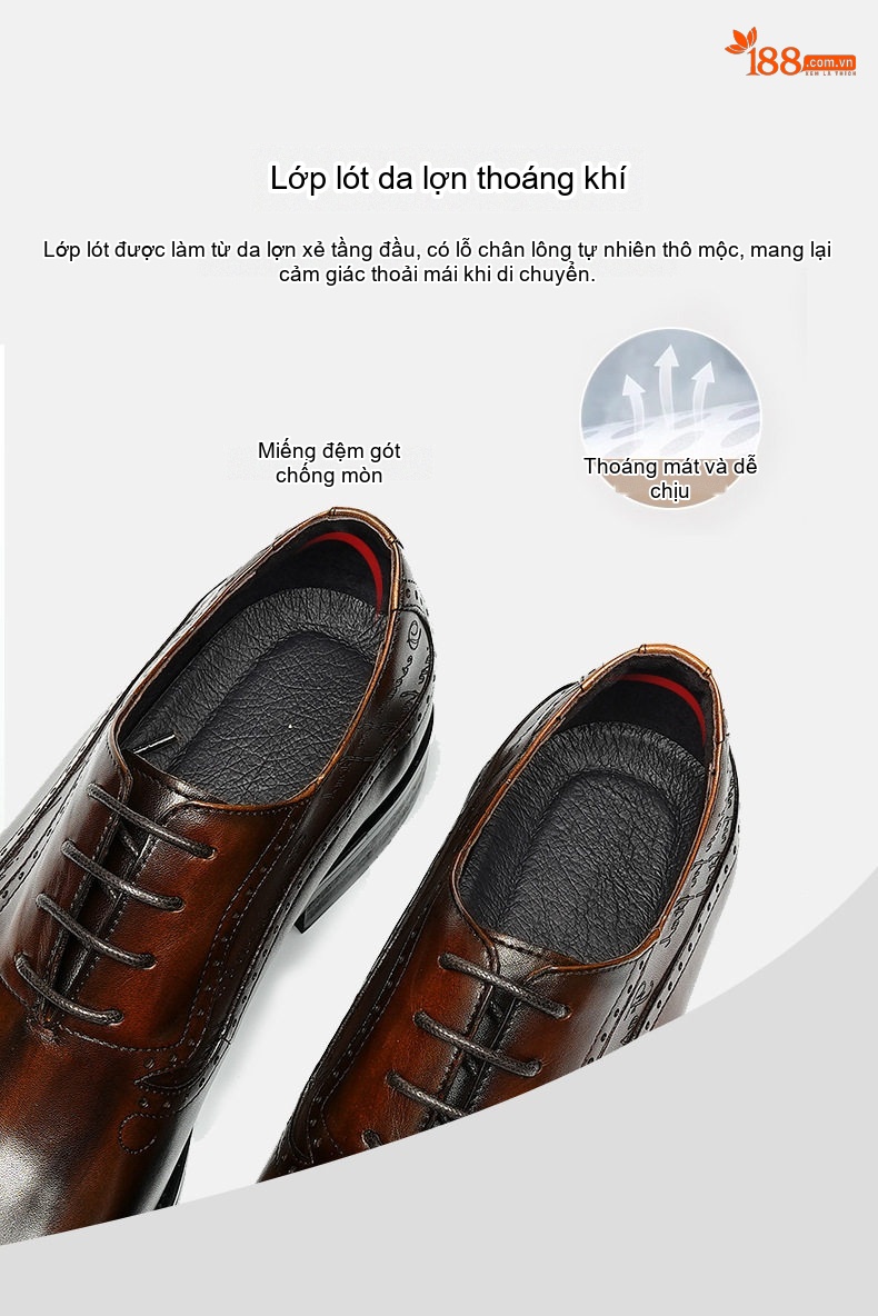 Giày Tây Brogue Nam Da Thật Oxford Buộc Dây Công Sở Chiều Cao Đế Khoảng 3cm Màu Đen, Nâu chi tiết 8
