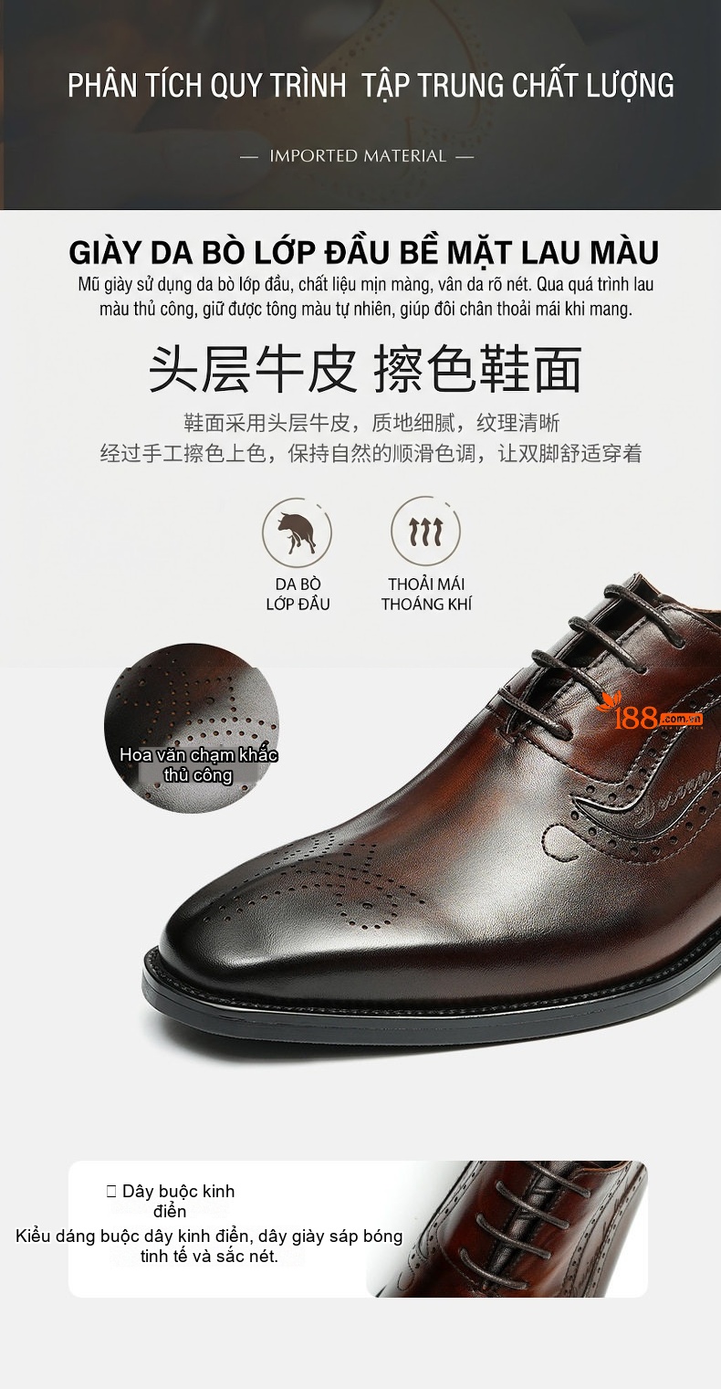 Giày Tây Brogue Nam Da Thật Oxford Buộc Dây Công Sở Chiều Cao Đế Khoảng 3cm Màu Đen, Nâu chi tiết 7