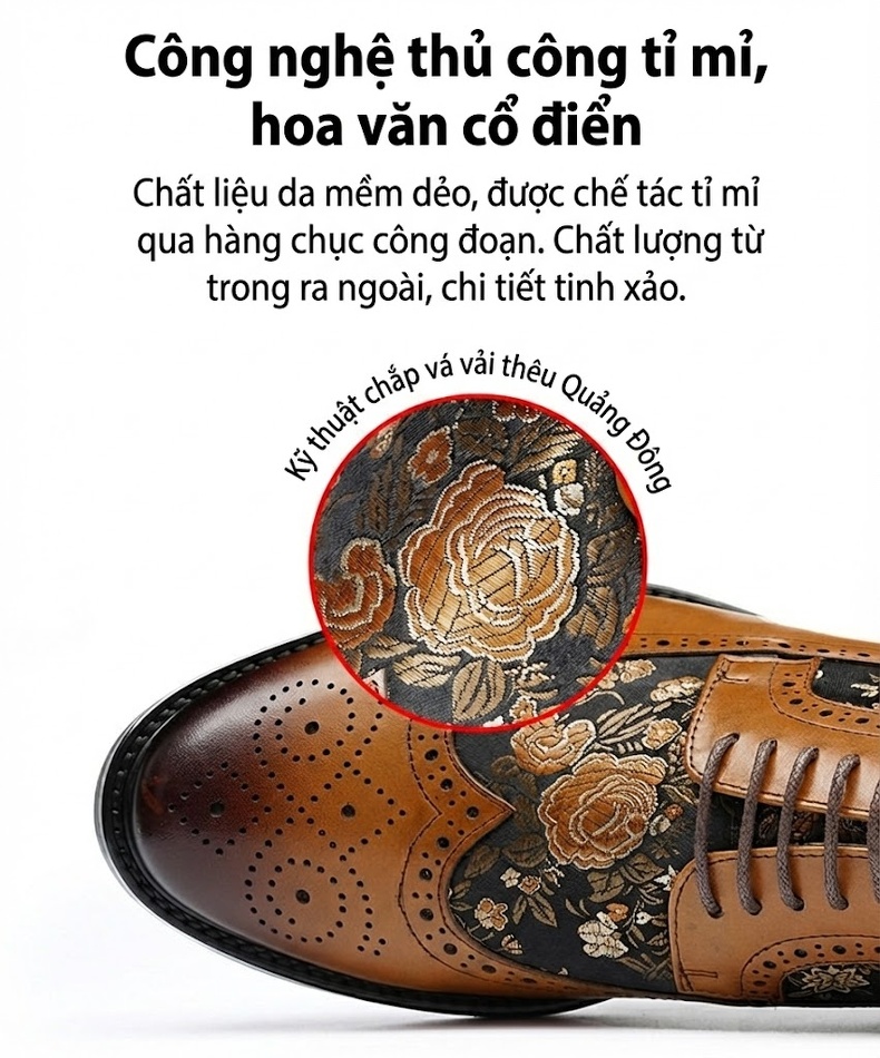 Giày Tây Brogue Nam Nữ Da Thật Cao Cấp Chiều Cao Đế Khoảng 3cm Màu Nâu, Đen chi tiết 1