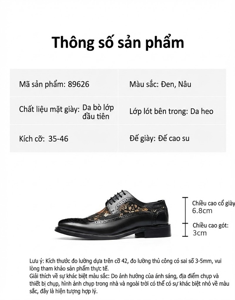 Giày Tây Brogue Nam Nữ Da Thật Cao Cấp Chiều Cao Đế Khoảng 3cm Màu Nâu, Đen chi tiết 3