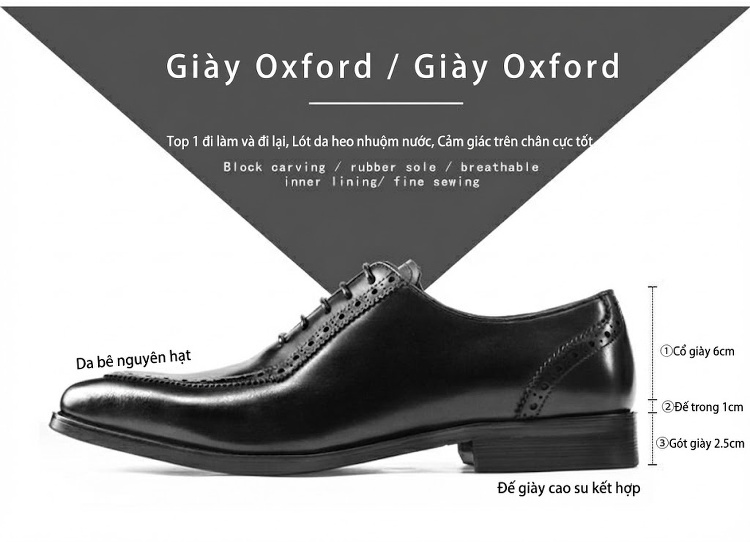 Giày Tây Brogue Oxford Nam Da Bò Chiều Cao Đế Khoảng 3cm Màu Đen, Nâu chi tiết 2
