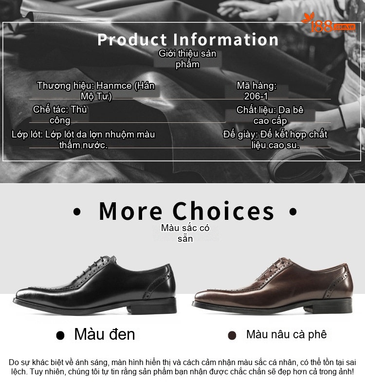 Giày Tây Brogue Oxford Nam Da Bò Chiều Cao Đế Khoảng 3cm Màu Đen, Nâu chi tiết 5