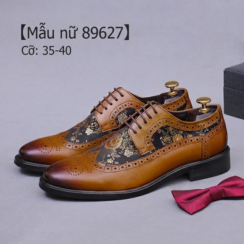 Giày Tây Buộc Dây Da Bò Thêu Họa Tiết Brogue Thời Trang Chiều Cao Đế Khoảng 3cm Màu Nâu, Đen