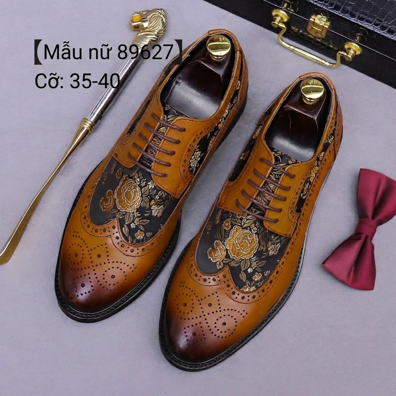 Giày Tây Buộc Dây Da Bò Thêu Họa Tiết Brogue Thời Trang Chiều Cao Đế Khoảng 3cm Màu Nâu, Đen