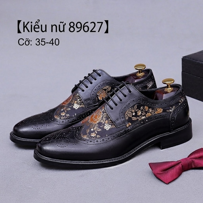 Giày Tây Buộc Dây Da Bò Thêu Họa Tiết Brogue Thời Trang Chiều Cao Đế Khoảng 3cm Màu Nâu, Đen