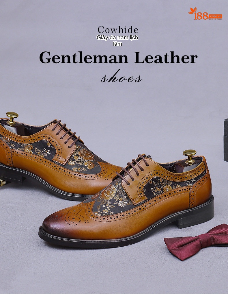 Giày Tây Buộc Dây Da Bò Thêu Họa Tiết Brogue Thời Trang Chiều Cao Đế Khoảng 3cm Màu Nâu, Đen chi tiết 1