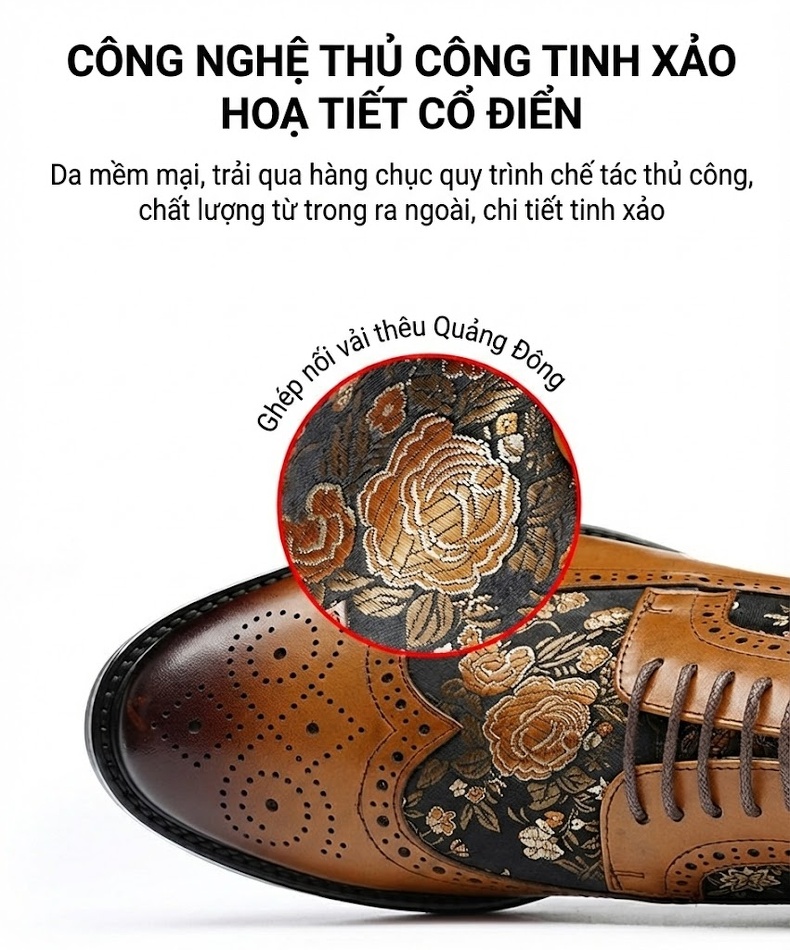 Giày Tây Buộc Dây Da Bò Thêu Họa Tiết Brogue Thời Trang Chiều Cao Đế Khoảng 3cm Màu Nâu, Đen chi tiết 2