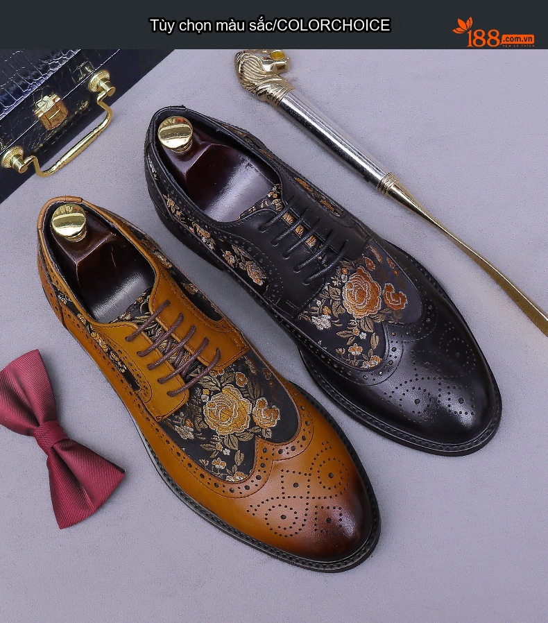 Giày Tây Buộc Dây Da Bò Thêu Họa Tiết Brogue Thời Trang Chiều Cao Đế Khoảng 3cm Màu Nâu, Đen chi tiết 4