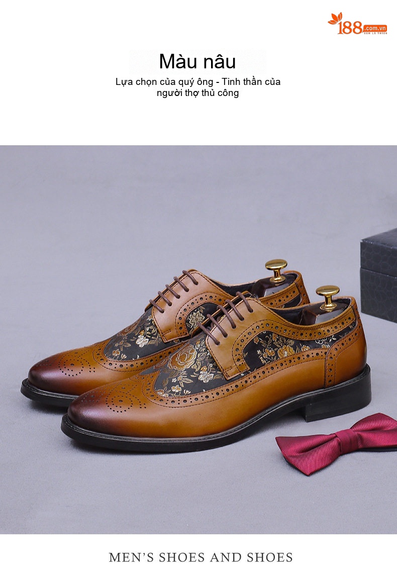 Giày Tây Buộc Dây Da Bò Thêu Họa Tiết Brogue Thời Trang Chiều Cao Đế Khoảng 3cm Màu Nâu, Đen chi tiết 5