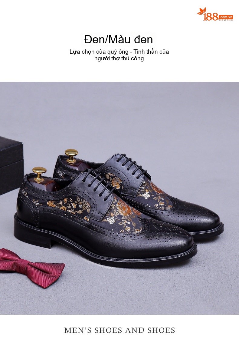 Giày Tây Buộc Dây Da Bò Thêu Họa Tiết Brogue Thời Trang Chiều Cao Đế Khoảng 3cm Màu Nâu, Đen chi tiết 12