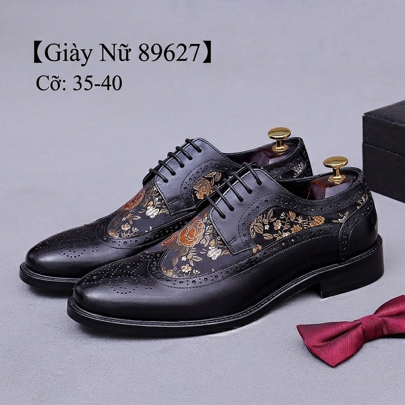 Giày Tây Buộc Dây Da Bò Thêu Họa Tiết Brogue Thời Trang Chiều Cao Đế Khoảng 3cm Màu Nâu, Đen