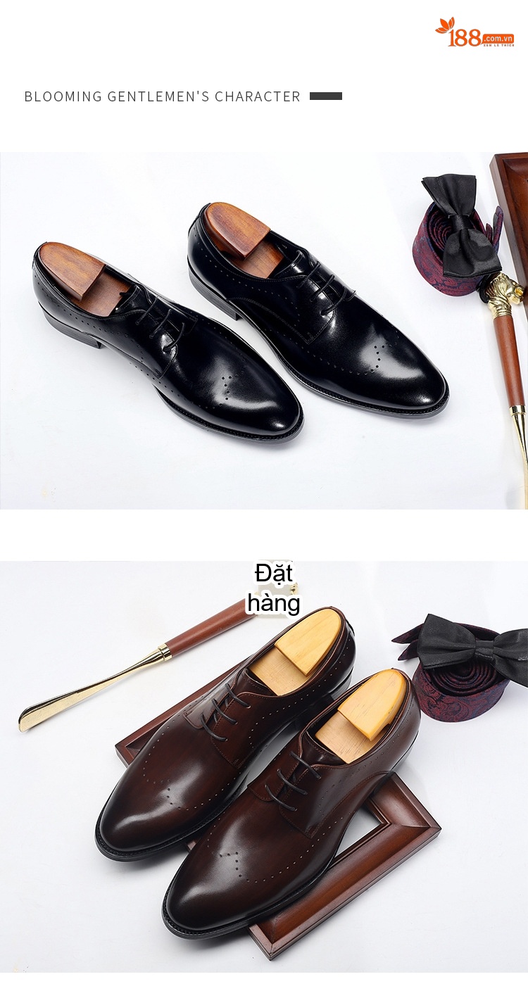 Giày Tây Buộc Dây Nam Brogue Da Bóng Chiều Cao Đế Khoảng 3cm Màu Đen, Nâu chi tiết 1