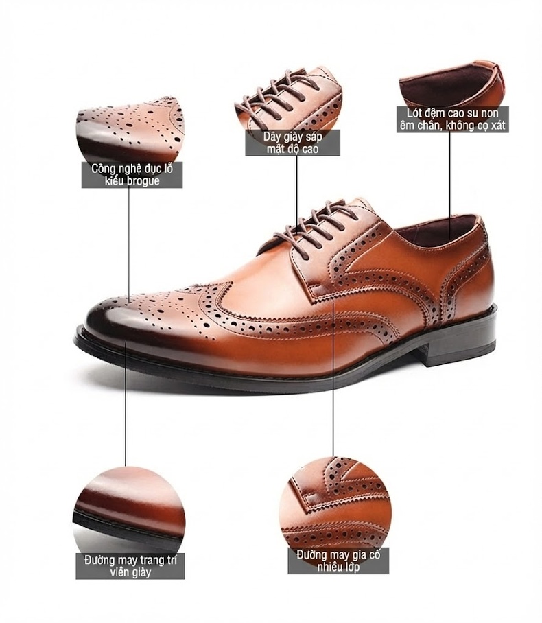 Giày Tây Buộc Dây Nam Brogue Da Bóng Size Lớn Chiều Cao Đế Khoảng 3cm Màu Nâu, Đen chi tiết 6