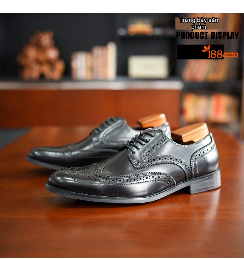 Giày Tây Buộc Dây Nam Brogue Da Bóng Size Lớn Chiều Cao Đế Khoảng 3cm Màu Nâu, Đen chi tiết 7