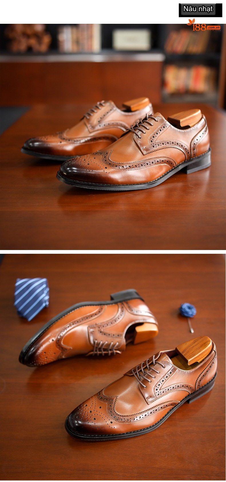 Giày Tây Buộc Dây Nam Brogue Da Bóng Size Lớn Chiều Cao Đế Khoảng 3cm Màu Nâu, Đen chi tiết 10