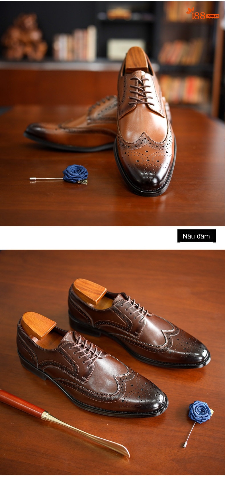 Giày Tây Buộc Dây Nam Brogue Da Bóng Size Lớn Chiều Cao Đế Khoảng 3cm Màu Nâu, Đen chi tiết 11