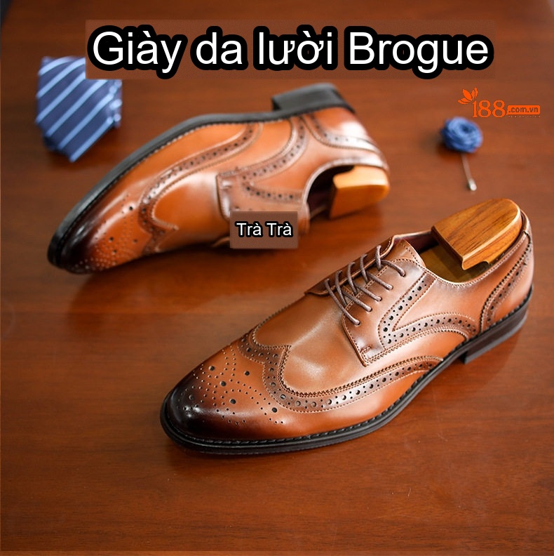 Giày Tây Buộc Dây Nam Brogue Da Bóng Size Lớn Chiều Cao Đế Khoảng 3cm Màu Nâu, Đen chi tiết 1