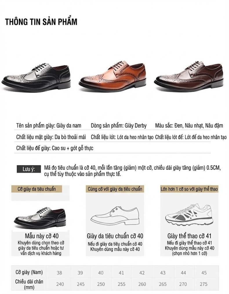 Giày Tây Buộc Dây Nam Brogue Da Bóng Size Lớn Chiều Cao Đế Khoảng 3cm Màu Nâu, Đen chi tiết 2