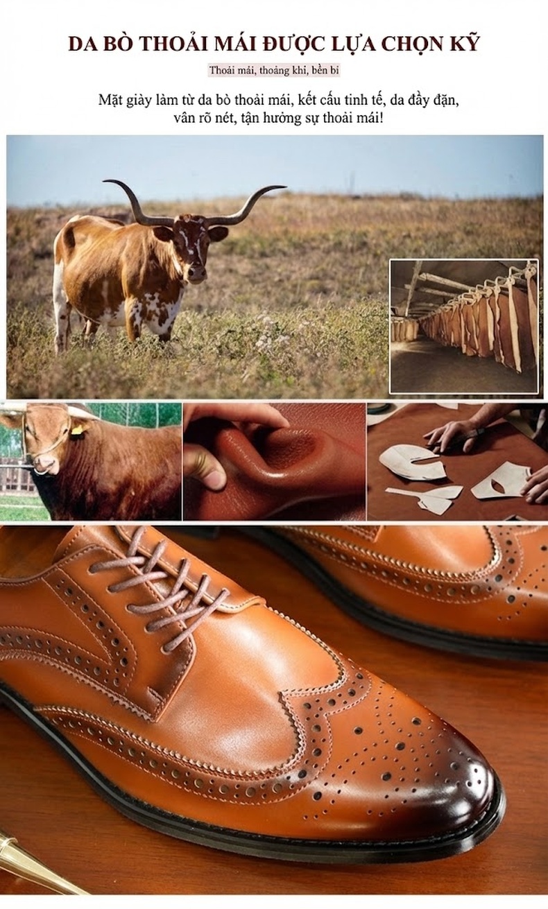 Giày Tây Buộc Dây Nam Brogue Da Bóng Size Lớn Chiều Cao Đế Khoảng 3cm Màu Nâu, Đen chi tiết 3