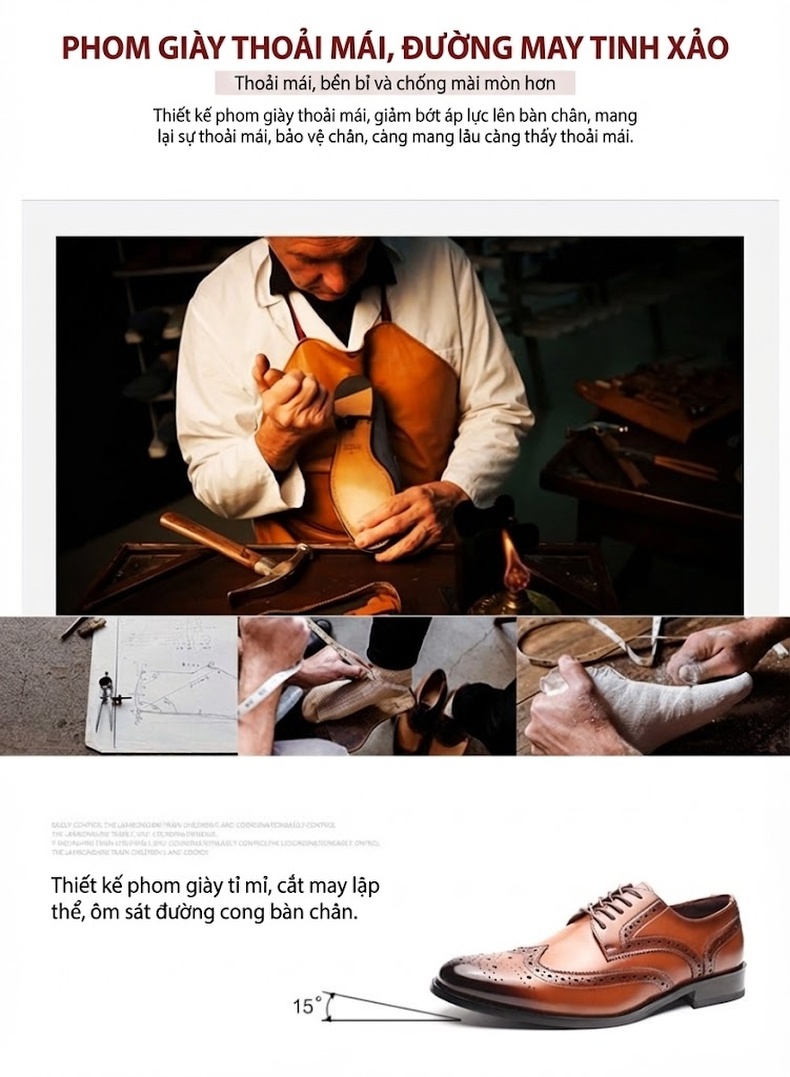 Giày Tây Buộc Dây Nam Brogue Da Bóng Size Lớn Chiều Cao Đế Khoảng 3cm Màu Nâu, Đen chi tiết 4