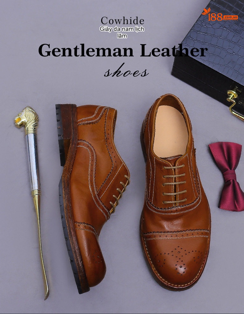 Giày Tây Buộc Dây Nam Da Bò Ba Mảnh Ghép Họa Tiết Oxford Thủ Công Chiều Cao Đế Khoảng 3cm Màu Nâu, Đen chi tiết 1