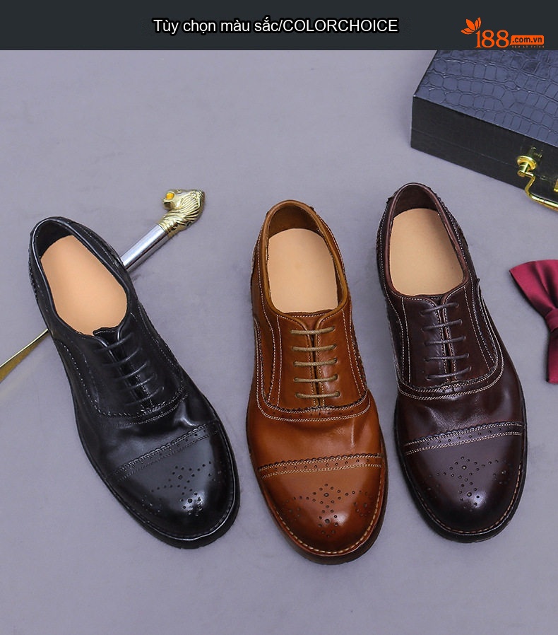 Giày Tây Buộc Dây Nam Da Bò Ba Mảnh Ghép Họa Tiết Oxford Thủ Công Chiều Cao Đế Khoảng 3cm Màu Nâu, Đen chi tiết 2