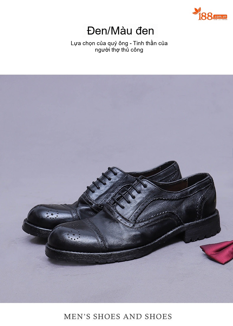 Giày Tây Buộc Dây Nam Da Bò Ba Mảnh Ghép Họa Tiết Oxford Thủ Công Chiều Cao Đế Khoảng 3cm Màu Nâu, Đen chi tiết 4