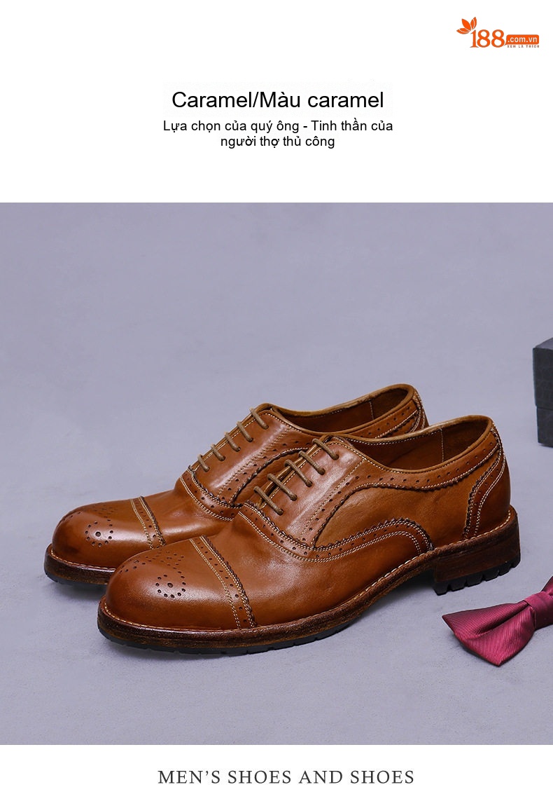 Giày Tây Buộc Dây Nam Da Bò Ba Mảnh Ghép Họa Tiết Oxford Thủ Công Chiều Cao Đế Khoảng 3cm Màu Nâu, Đen chi tiết 10