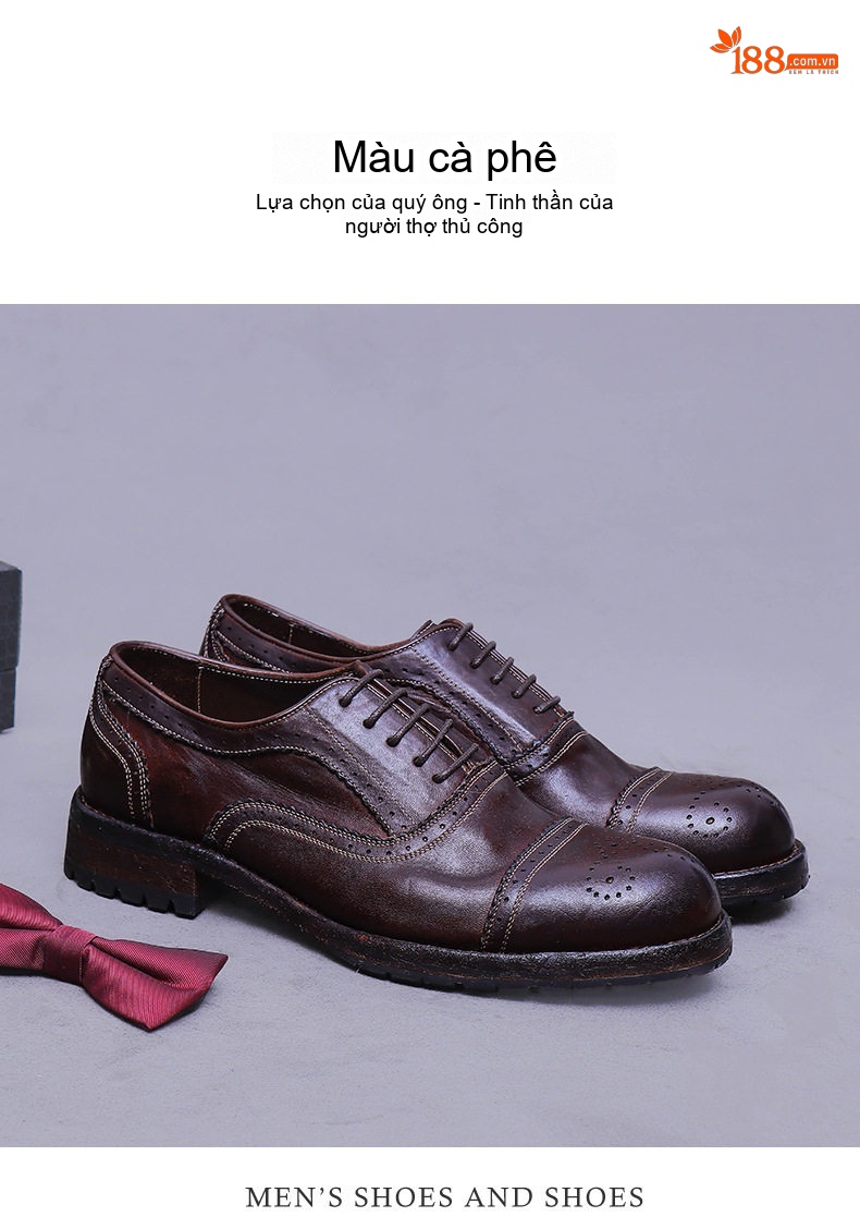 Giày Tây Buộc Dây Nam Da Bò Ba Mảnh Ghép Họa Tiết Oxford Thủ Công Chiều Cao Đế Khoảng 3cm Màu Nâu, Đen chi tiết 15