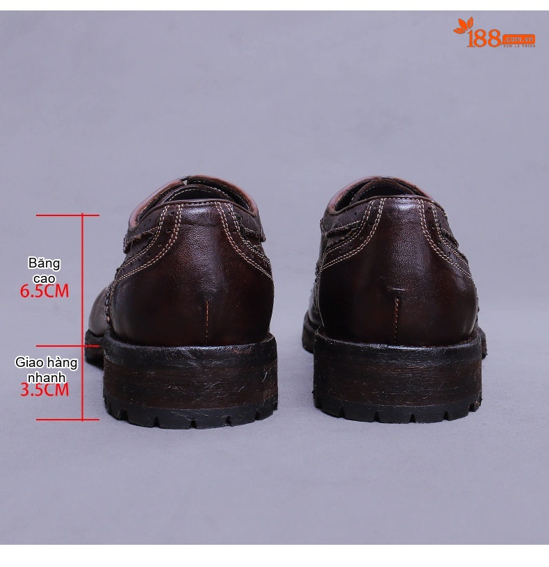 Giày Tây Buộc Dây Nam Da Bò Ba Mảnh Ghép Họa Tiết Oxford Thủ Công Chiều Cao Đế Khoảng 3cm Màu Nâu, Đen chi tiết 20