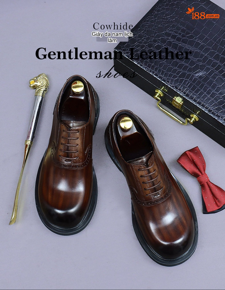 Giày Tây Buộc Dây Nam Da Bò Brogue Chiều Cao Đế Khoảng 3cm Màu Đen, Nâu chi tiết 1