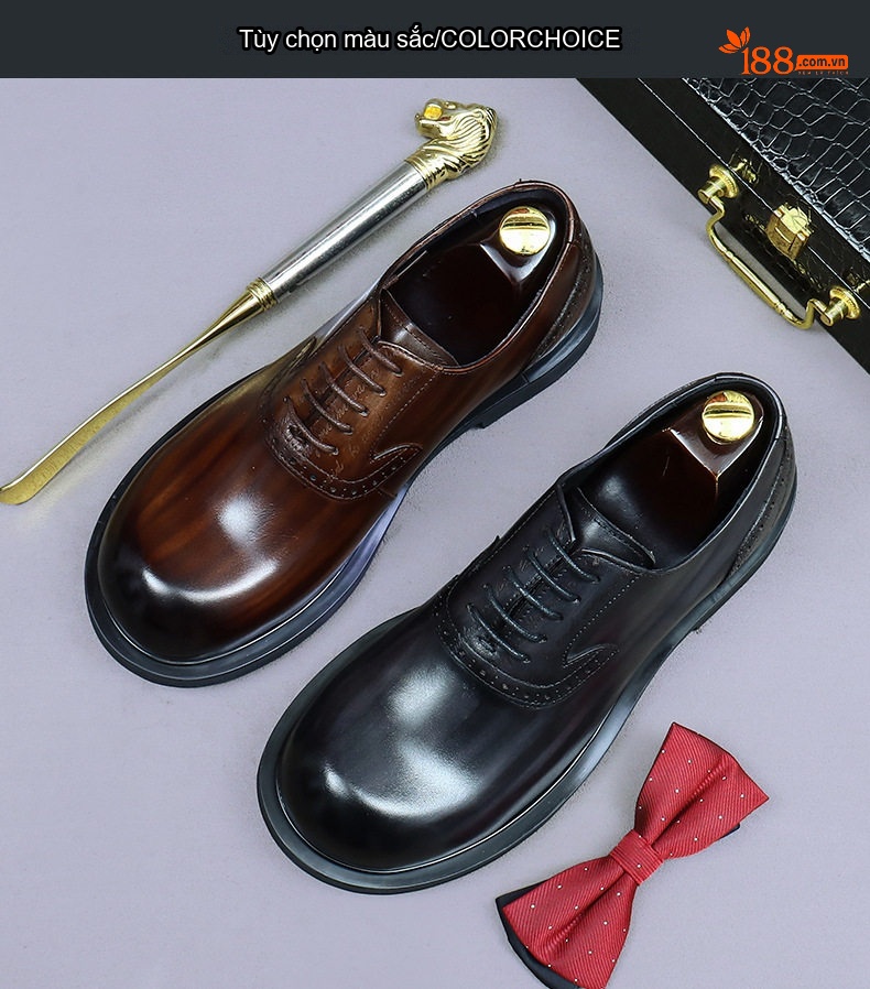 Giày Tây Buộc Dây Nam Da Bò Brogue Chiều Cao Đế Khoảng 3cm Màu Đen, Nâu chi tiết 2