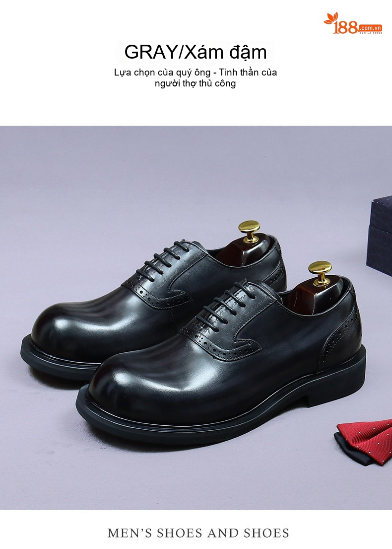 Giày Tây Buộc Dây Nam Da Bò Brogue Chiều Cao Đế Khoảng 3cm Màu Đen, Nâu chi tiết 4