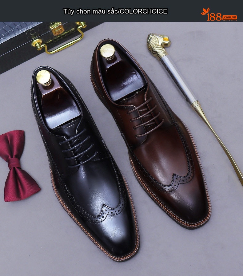 Giày Tây Buộc Dây Nam Da Bò Brogue Chiều Cao Đế Khoảng 3cm Màu Đen, Nâu chi tiết 2