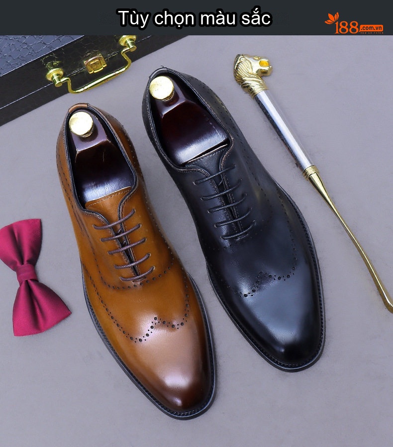 Giày Tây Buộc Dây Nam Da Bò Brogue Chiều Cao Đế Khoảng 3cm Màu Đen, Nâu chi tiết 2