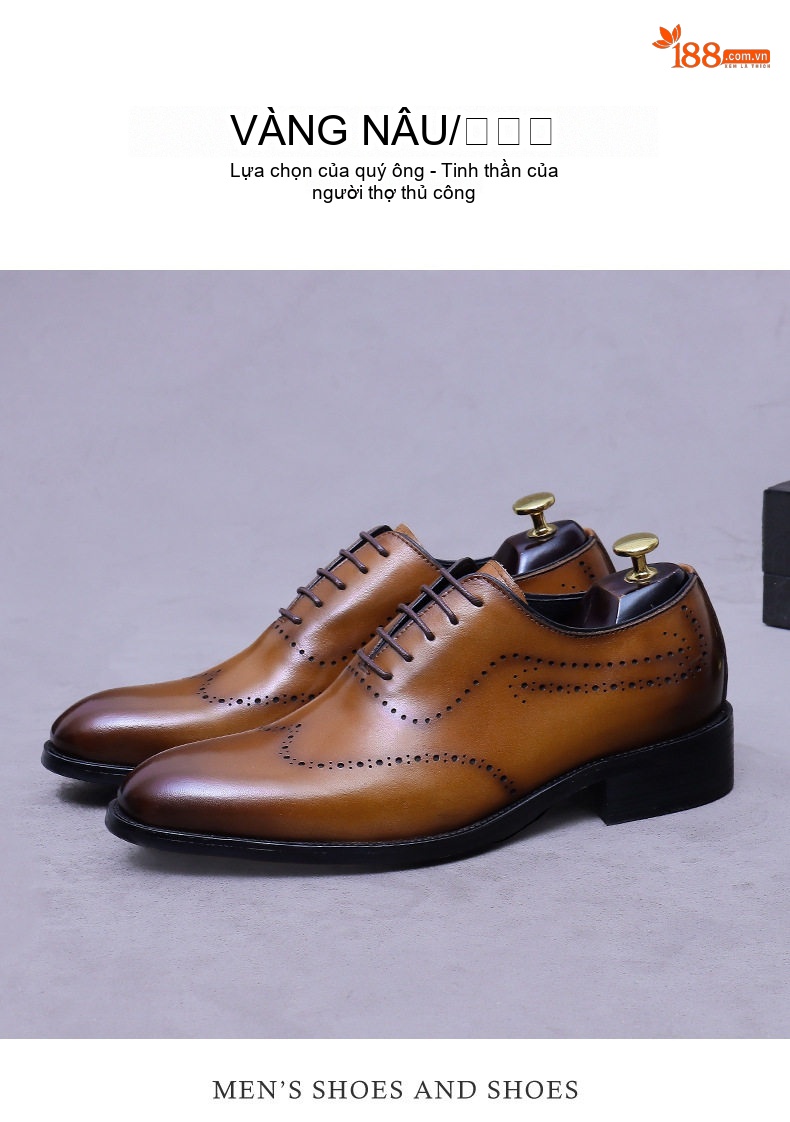 Giày Tây Buộc Dây Nam Da Bò Brogue Chiều Cao Đế Khoảng 3cm Màu Đen, Nâu chi tiết 11