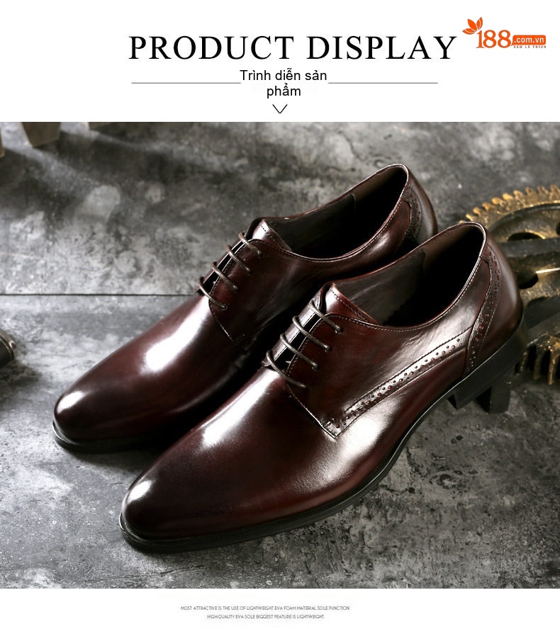 Giày Tây Buộc Dây Nam Da Bò Brogue Chiều Cao Đế Khoảng 3cm Màu Đen, Nâu Đỏ chi tiết 8