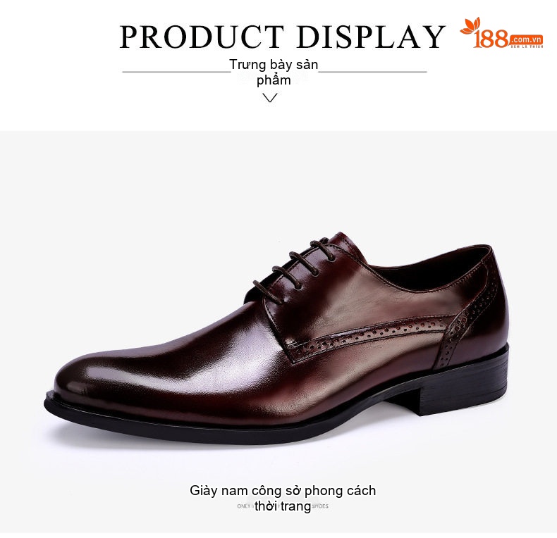 Giày Tây Buộc Dây Nam Da Bò Brogue Chiều Cao Đế Khoảng 3cm Màu Đen, Nâu Đỏ chi tiết 11