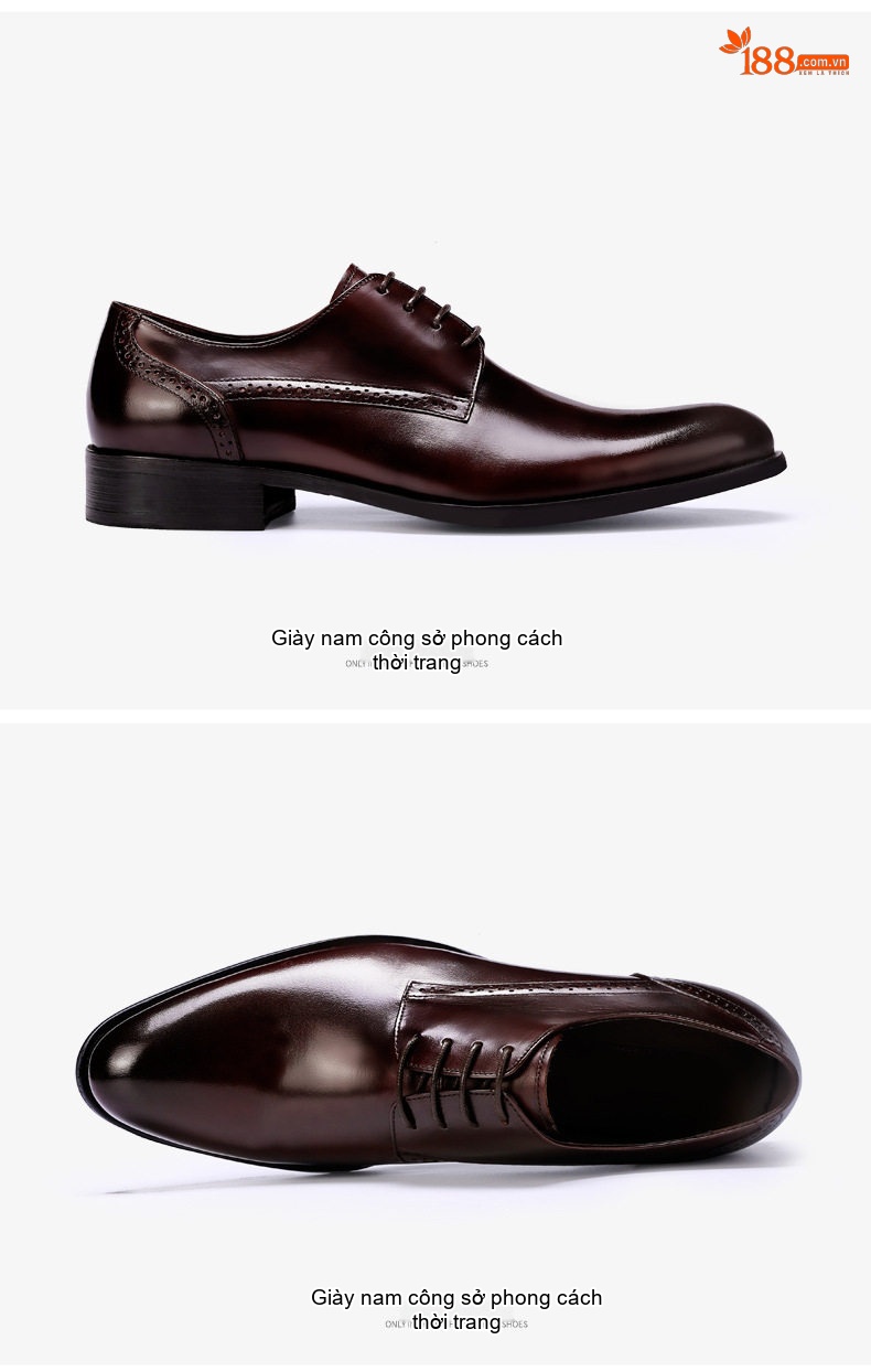 Giày Tây Buộc Dây Nam Da Bò Brogue Chiều Cao Đế Khoảng 3cm Màu Đen, Nâu Đỏ chi tiết 12