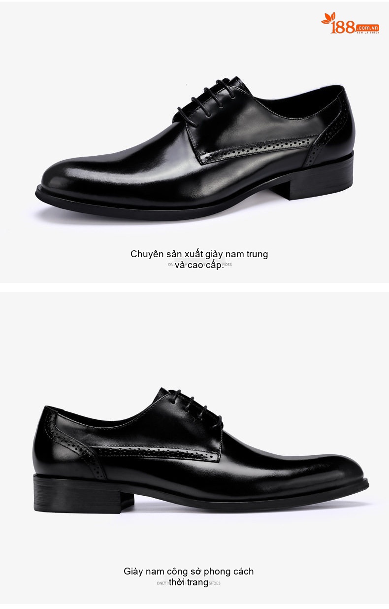 Giày Tây Buộc Dây Nam Da Bò Brogue Chiều Cao Đế Khoảng 3cm Màu Đen, Nâu Đỏ chi tiết 14
