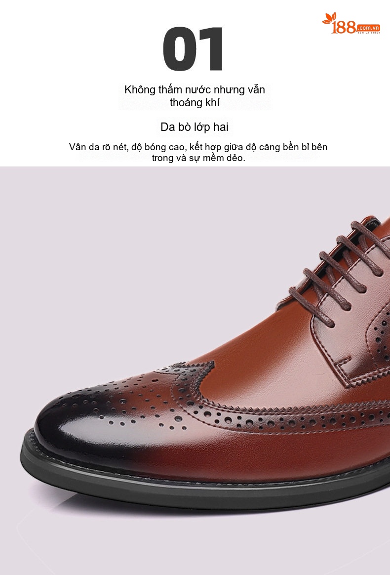 Giày Tây Buộc Dây Nam Da Bò Brogue Chiều Cao Đế Khoảng 3cm Màu Đen, Nâu chi tiết 12