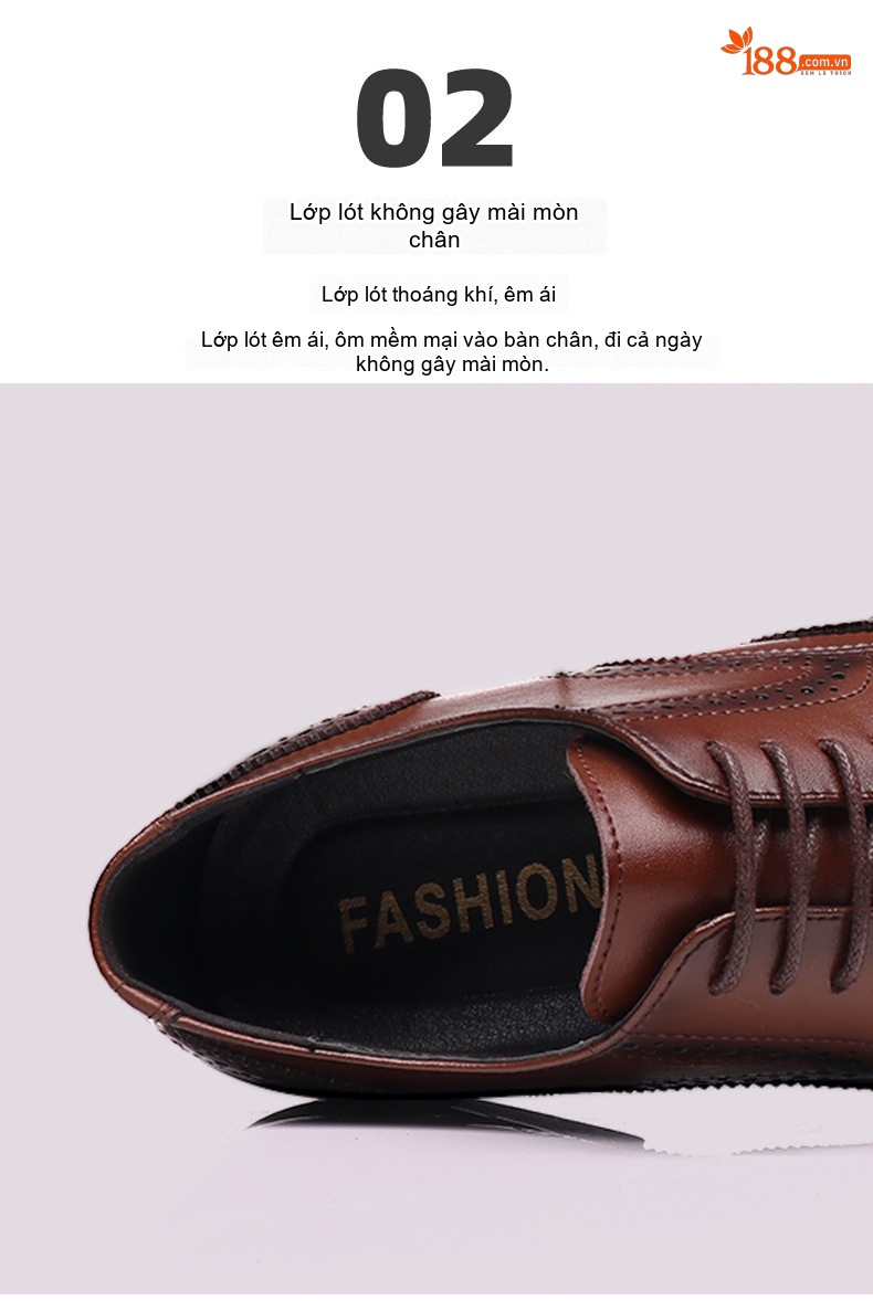 Giày Tây Buộc Dây Nam Da Bò Brogue Chiều Cao Đế Khoảng 3cm Màu Đen, Nâu chi tiết 13