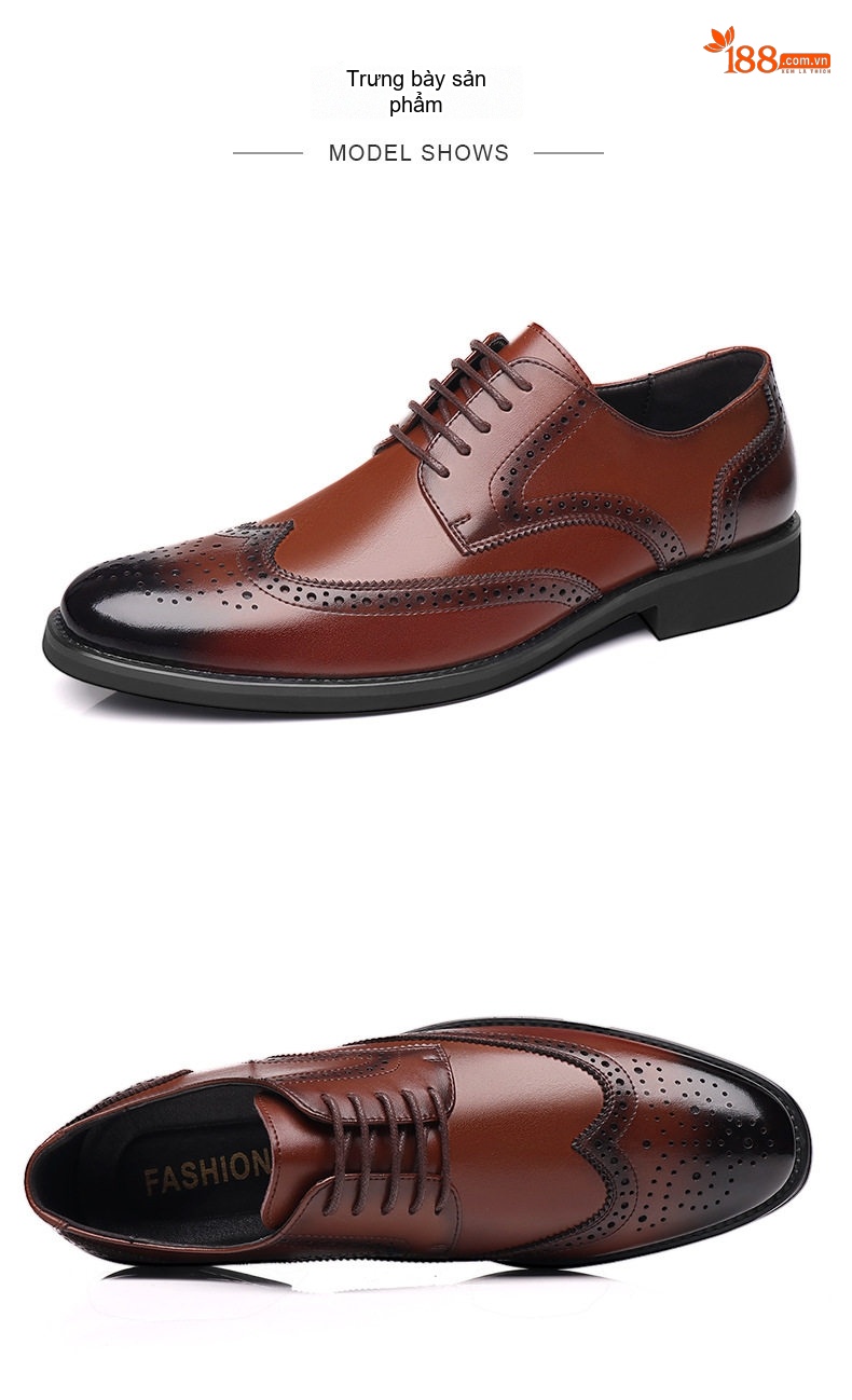 Giày Tây Buộc Dây Nam Da Bò Brogue Chiều Cao Đế Khoảng 3cm Màu Đen, Nâu chi tiết 21